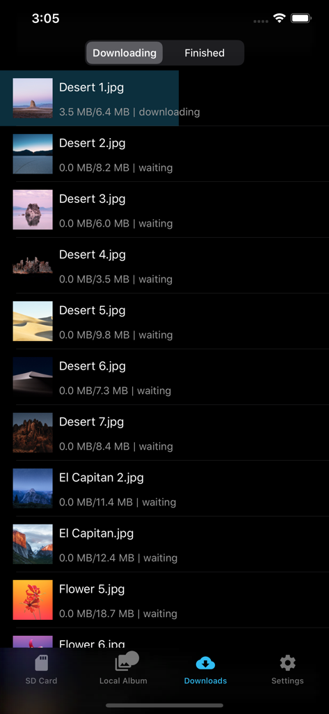 FAir for FlashAir app download screen showing photo transfer progress in dark mode.
