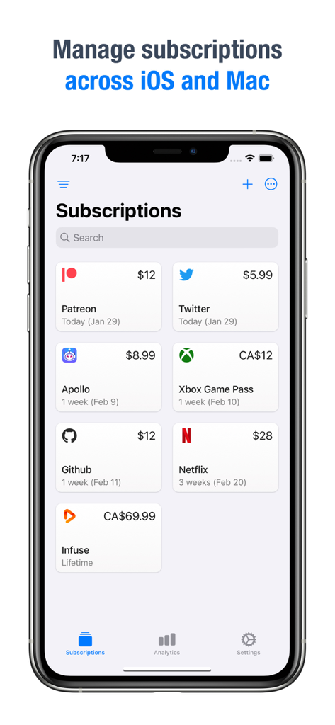 Subscriptions - Track Expenses - Main screen of the Subscriptions app on iPhone showing a list of tracked services with their monthly costs and payment dates