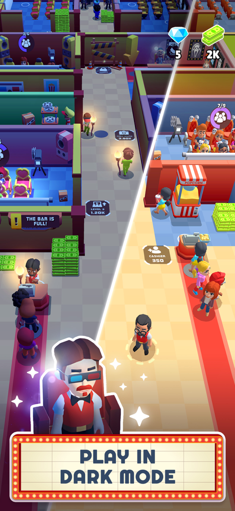 My Cinema World - Comparação de tela dividida mostrando o recurso de modo escuro em Meu Mundo do Cinema