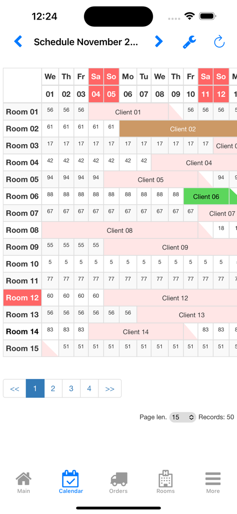 Nano Hotel Booking - Color-coded property management calendar interface for the Nano Hotel Booking app
