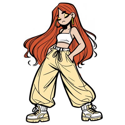 girl in baggy pants crop top and long hair