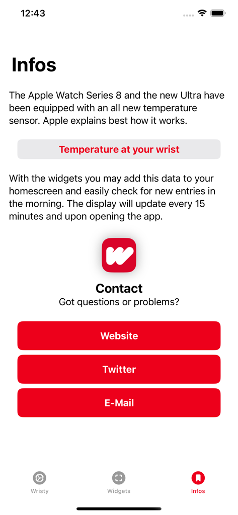 Wristy 앱 정보 및 연락처 화면, Apple Watch 온도 센서 기능 설명