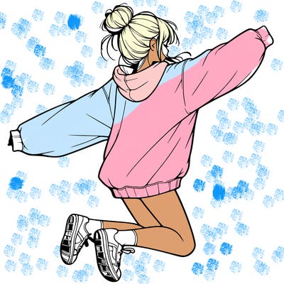 realistic girl jumping with a bun and oversized sweatshirt
