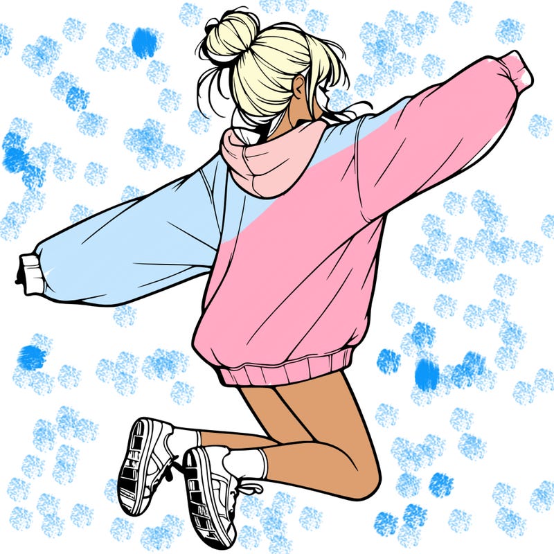 realistic girl jumping with a bun and oversized sweatshirt