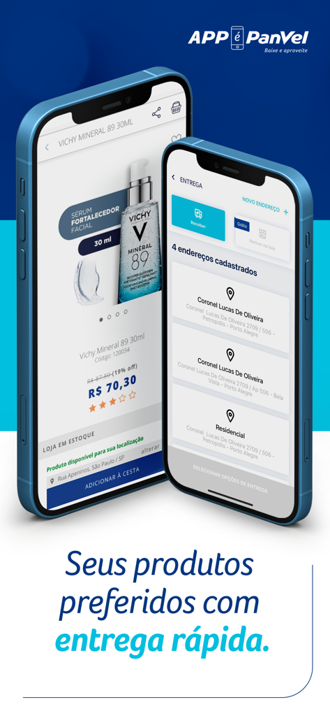 Panvel mobile app interface showing a skincare product page and delivery address selection
