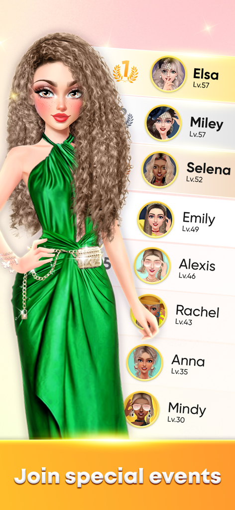 Fashion Star: Model Dress Up - Una modelo con un vestido verde junto a una tabla de clasificación de concursos de moda