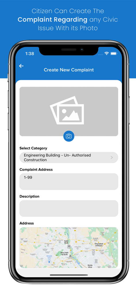 A smartphone screen showing the MCD-311 app interface to report a civic issue with photo and map features