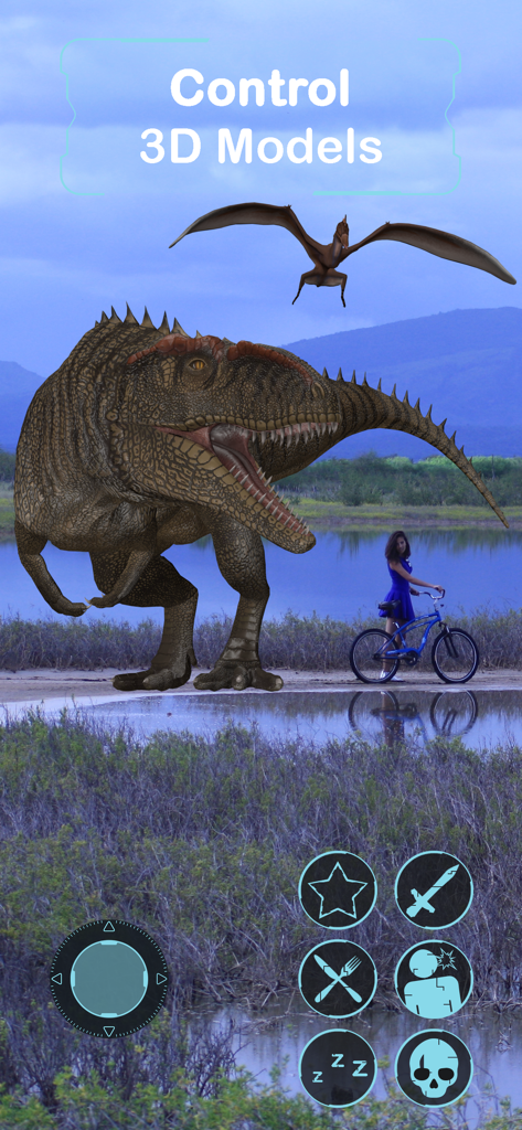 ARvid Augmented Reality - ARvid app interface showing a large 3D dinosaur and a flying pterosaur in a real-world landscape with control buttons.