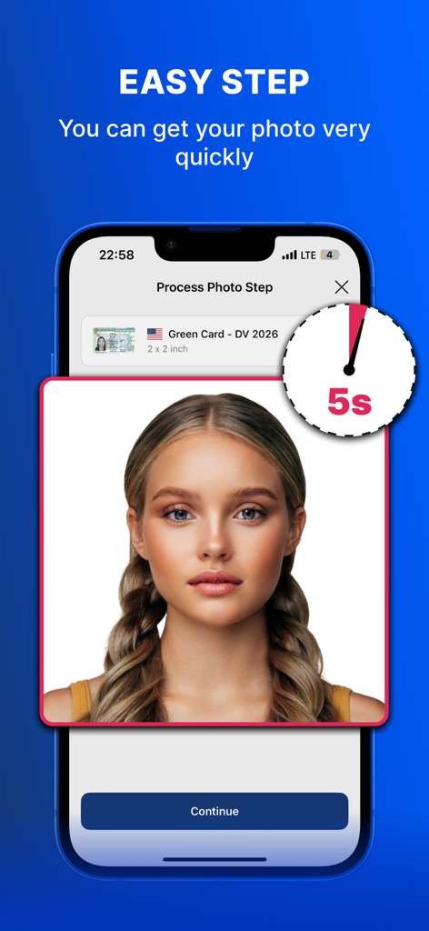Green Card Visa AI Photo Maker - Pantalla de smartphone que muestra una foto de Green Card de 2x2 pulgadas procesándose en 5 segundos con IA.