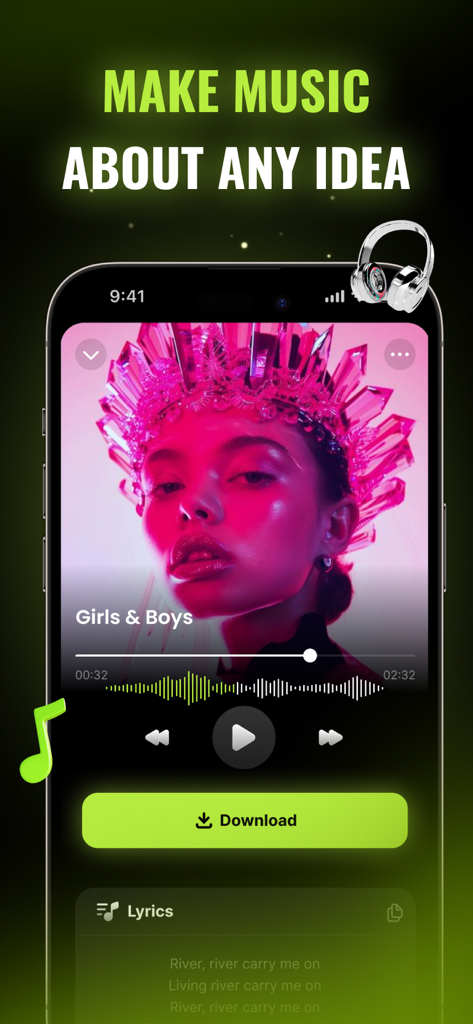 GenSong AI: Music Generator - La interfaz del generador de música GenSong AI mostrando un reproductor de canciones con un botón de descarga.