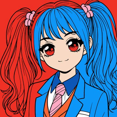 realistic girl with two ponytails and a suit on