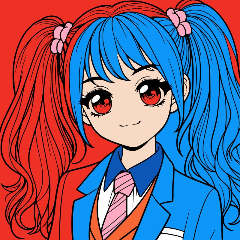 realistic girl with two ponytails and a suit on