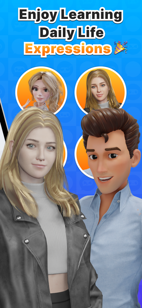 Speak English with Talkful AI - Diverse AI avatars on a blue background with the text Enjoy Learning Daily Life Expressions