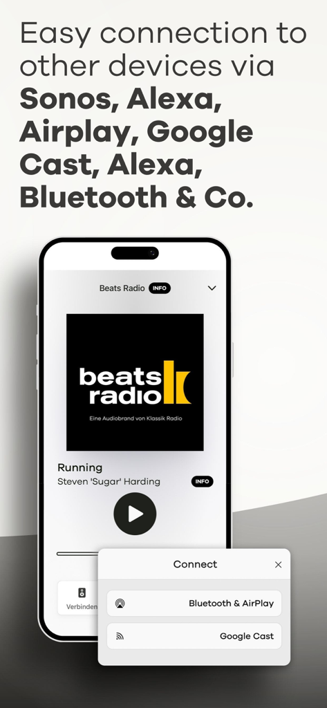 Pantalla de smartphone que muestra opciones de conexión de audio para Sonos, Alexa, AirPlay y Google Cast dentro de la aplicación Klassik Radio y Beats Radio.