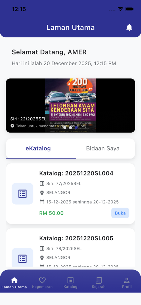 JPJvBid - The home screen of the JPJvBid app showing vehicle auction catalogs and a welcome message for a user.