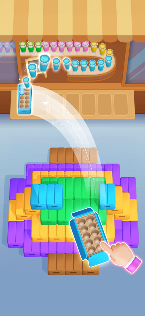 Coffee Craze - A player organizing colorful coffee cups into matching crates at a cafe counter