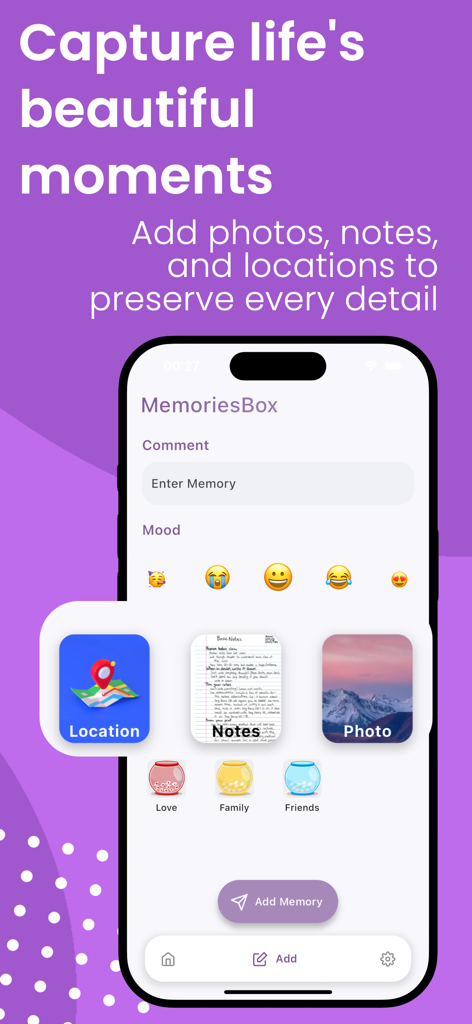 MemoriesBox - Couple Journal - MemoriesBox app screen for adding photos notes and locations with mood emojis