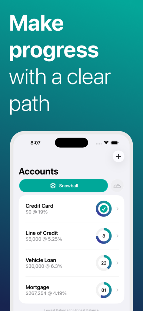 Debt Zero: Snowball Calculator - Debt Zero app interface showing a list of debt accounts including credit cards and loans with progress tracking using the snowball method