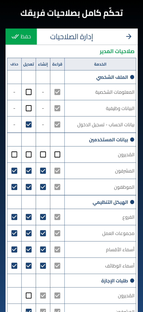 Tawajud app screen showing role based access control and manager permissions management