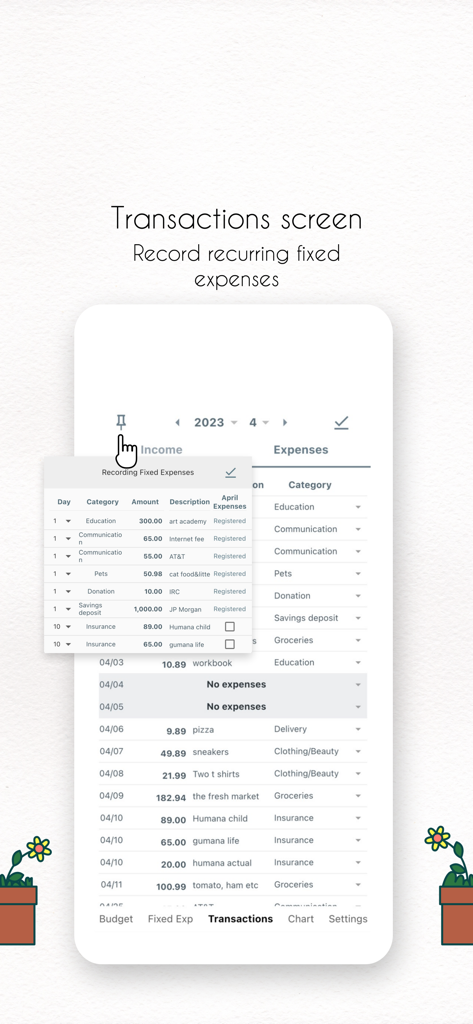 Interfaz de la aplicación Yurit Budget para registrar gastos fijos mensuales recurrentes en un libro mayor digital.