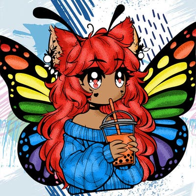 a realistic butterfly/furry girl drinking boba