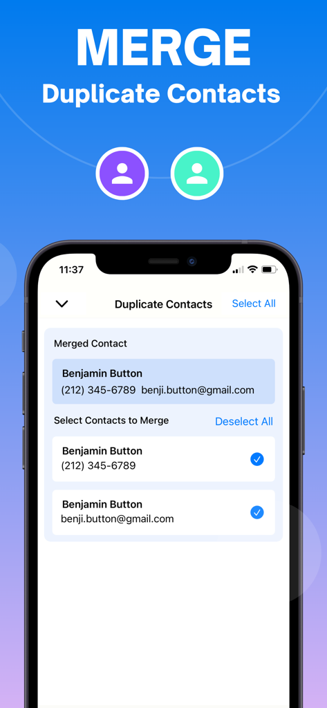Clean Your Photos for iPhone - Interfaz que muestra la función de fusión de contactos duplicados para iPhone