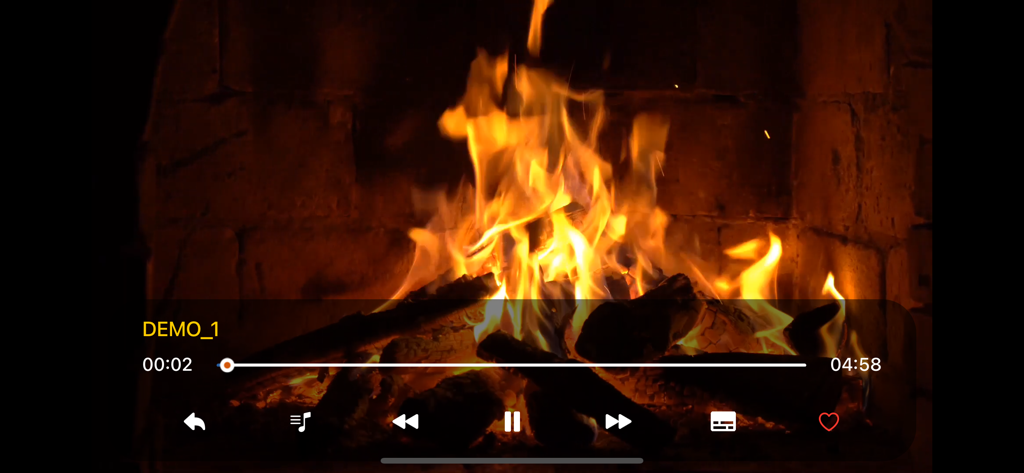 Ibo Player Pro video player interface showing playback controls over a fireplace stream