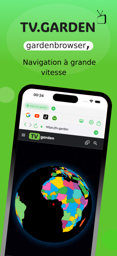 Garden TV browser - Garden TV browser mobile app interface showing a colorful earth globe and navigation bar