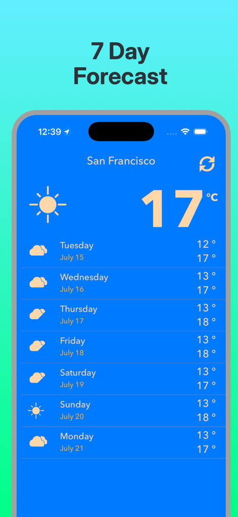 Weather News - Weather News app interface showing a 7-day forecast for San Francisco with daily temperatures and icons