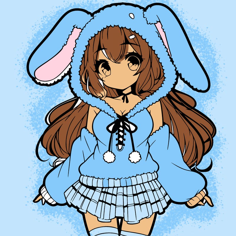 pretty anime girl wearing a fluffy hoodie with bunny ears on the hood and a skirt