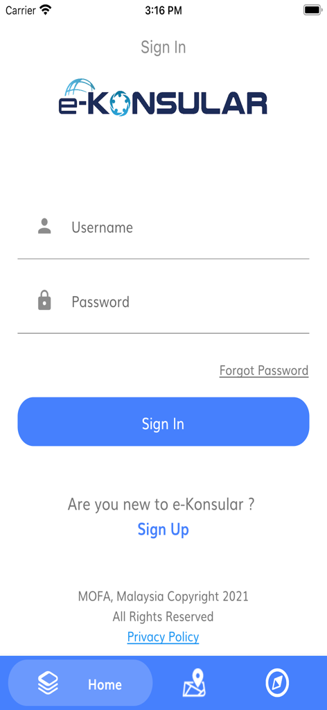 Sign in screen for the Sistem eKonsular mobile app featuring username and password login fields