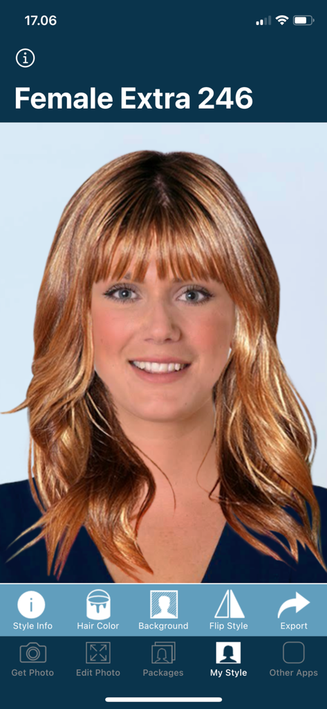 A woman using the Hairstyle Try On app to virtually preview a medium-length reddish-brown hairstyle with bangs