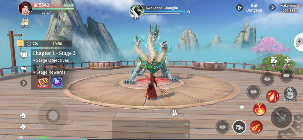 A player character facing a three-headed dragon boss in a circular arena within the Eternal Sword Pact game.