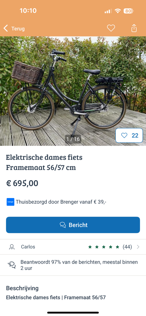 Electric women's bicycle listed for sale on the Marktplaats mobile app for 695 euros