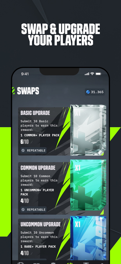 Interface of the GOALS Companion app showing options to swap and upgrade players for new player packs.