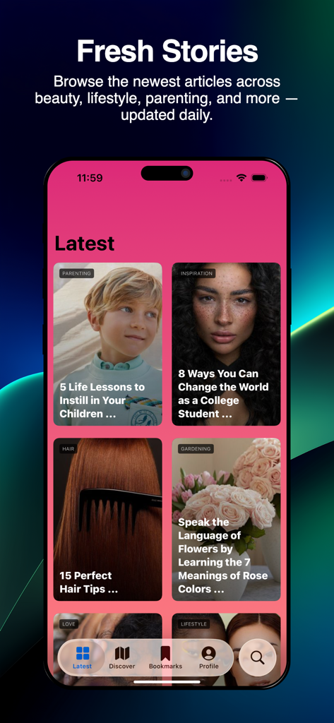 Allwomenstalk - Allwomenstalk app interface displaying a curated feed of daily lifestyle articles for women.