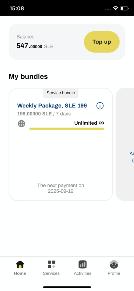 One Mobile Self-care - Dashboard of the One Mobile Self-care app showing account balance and active service bundles
