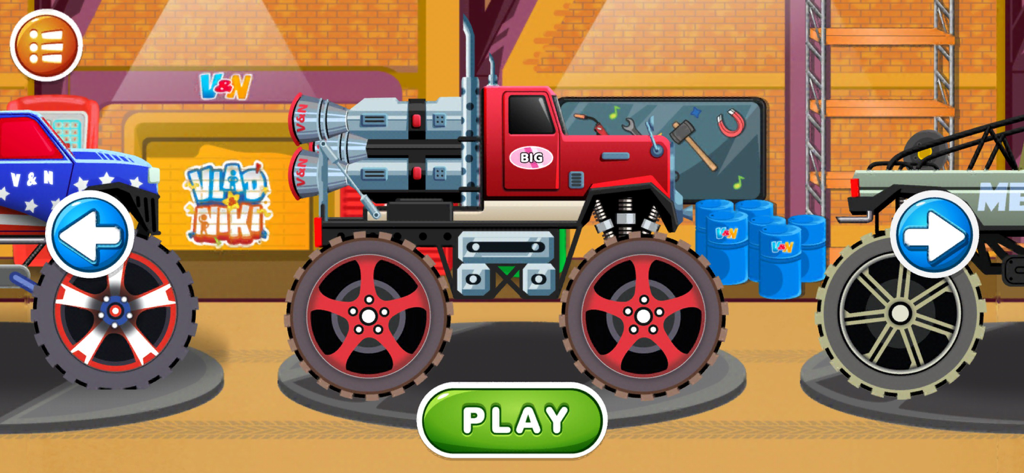 Garagenansicht zur Auswahl eines Monster Trucks im Vlad und Niki-Rennspiel