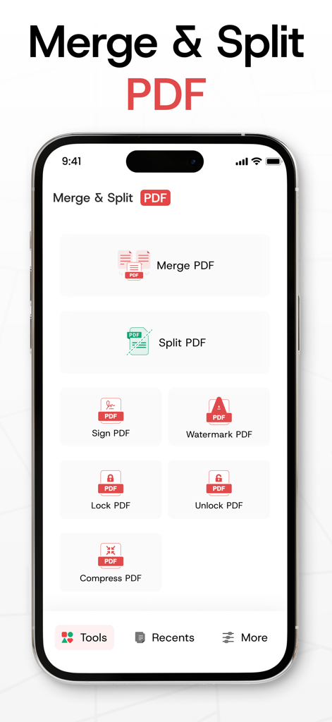 Merge PDF Files－Split PDF Docs - Haupt-Dashboard der PDF-Verwaltungs-App mit Werkzeugen zum Zusammenführen, Aufteilen, Signieren und Sperren von PDF-Dokumenten.