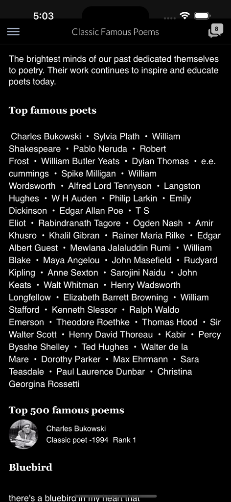 Allpoetry Poetry.app - Uma lista dos principais poetas famosos e poemas clássicos no aplicativo Allpoetry