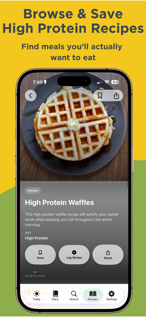 Proteinful: Protein Tracker - La aplicación Proteinful muestra una receta de gofres ricos en proteínas con opciones para guardar y registrar comidas.