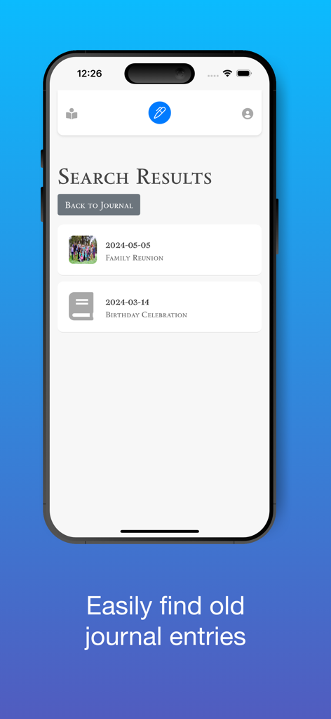 Personal Daily Diary Journal - A smartphone screen displaying search results for journal entries in the Personal Daily Diary Journal app.