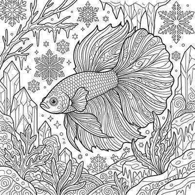 Immerse yourself in a beautiful frosty scene with this intricate Betta Fish coloring page, designed especially for teens. Explore the delicate details of the fish's fins amidst a captivating winter wonderland of ice and snow.