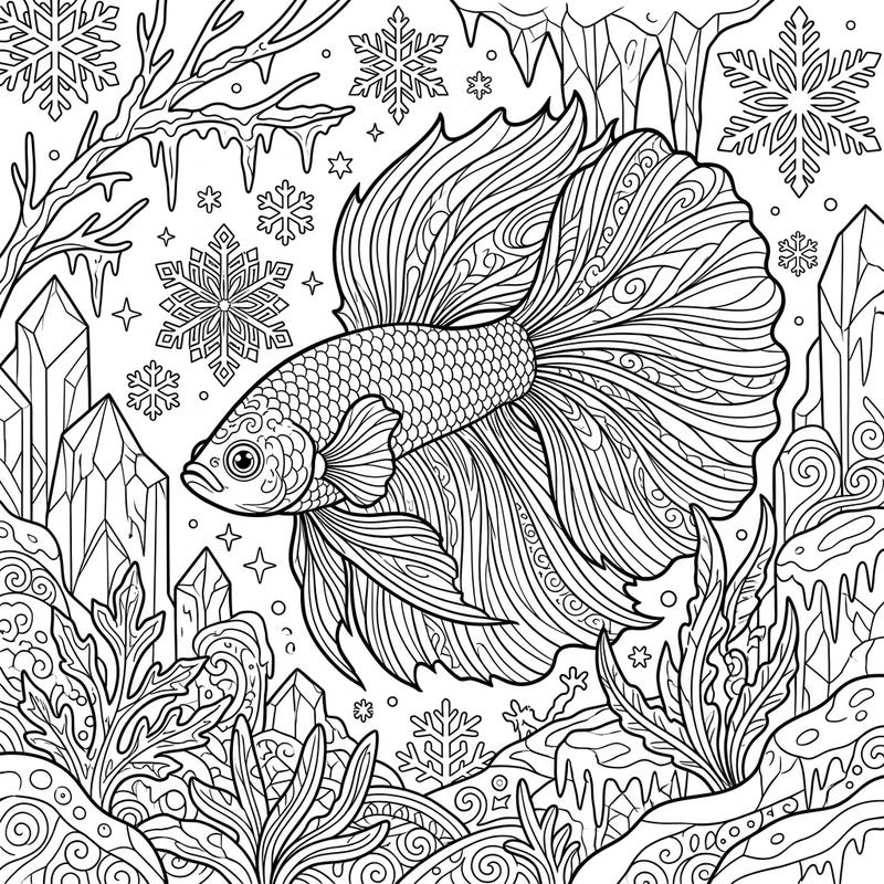 Immerse yourself in a beautiful frosty scene with this intricate Betta Fish coloring page, designed especially for teens. Explore the delicate details of the fish's fins amidst a captivating winter wonderland of ice and snow.