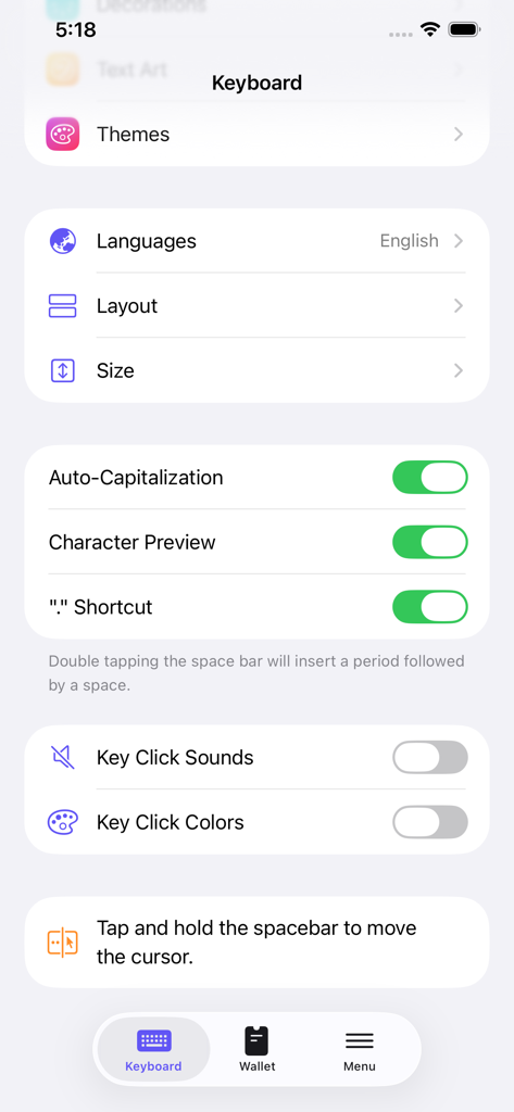 Keyboard customization menu showing options for themes languages layout and typing settings