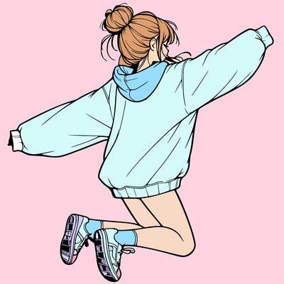 realistic girl jumping with a bun and oversized sweatshirt