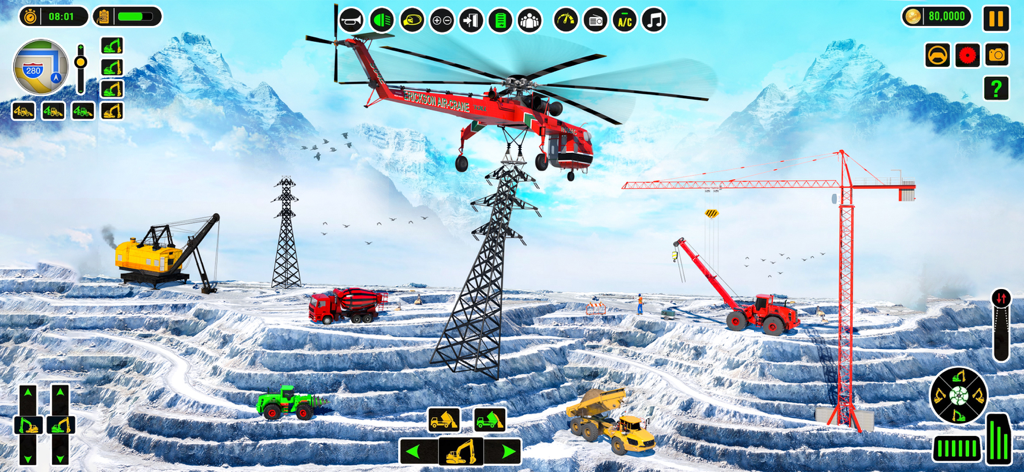 Construction vehicles and a helicopter at a snowy building site