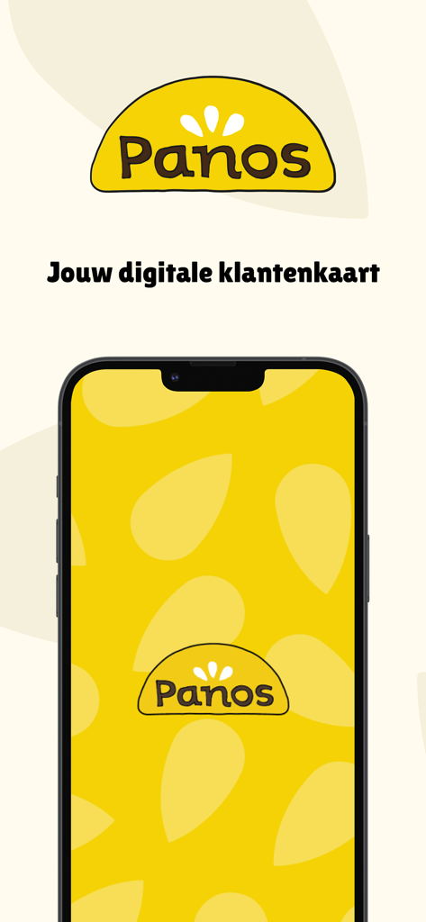 Panos - Pantalla de presentación de la app Panos con el logo de Panos y un smartphone mostrando una tarjeta de fidelización digital.