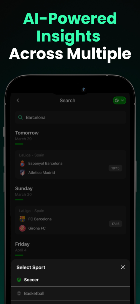 ScoreTips AI - ScoreTips AI app search interface showing upcoming soccer matches for Barcelona and a sport selection menu