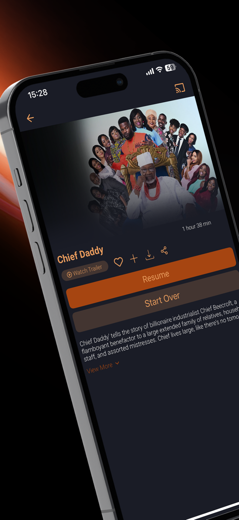 Smartphone screen showing movie streaming interface for Chief Daddy on EbonyLife ON Plus app